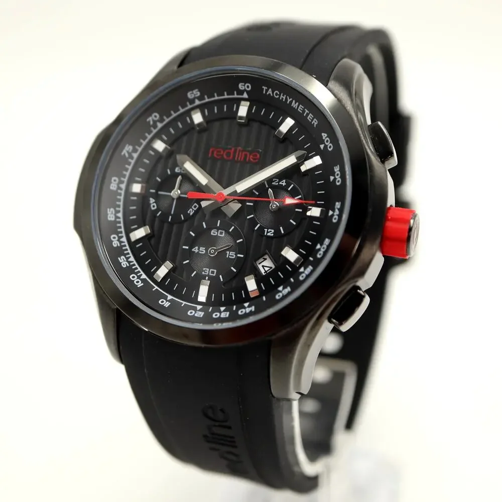 Redline Mens Chronograph Black Red Date 47mm Watch Silicone Strap w New Battery